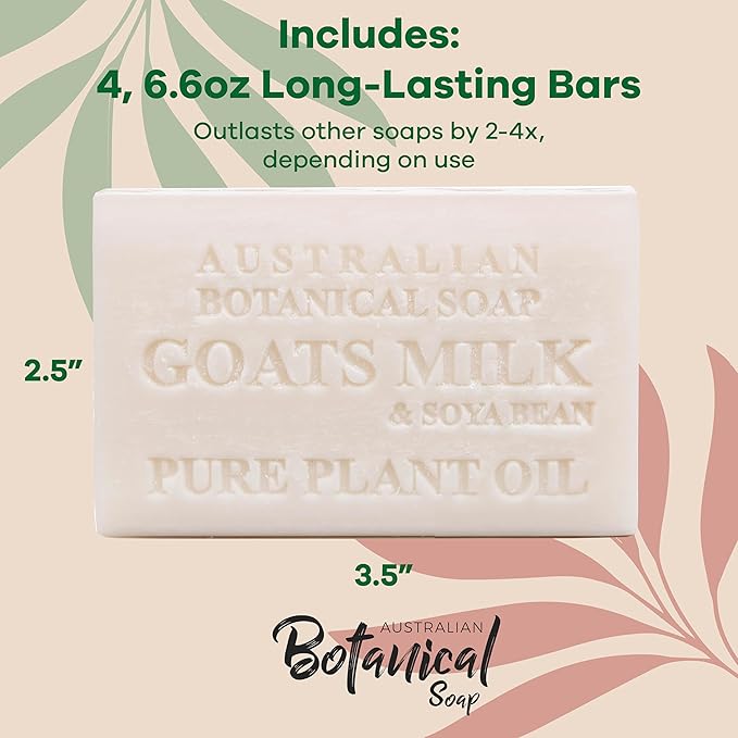 Australian Botanical Goats Milk Soap with Soya Bean 6.6 OZ Luxury Soap Bars Enriched Shea Butter, Luxury Face, Hand and Body Bars Suitable for All Skin Types, Pack of 4