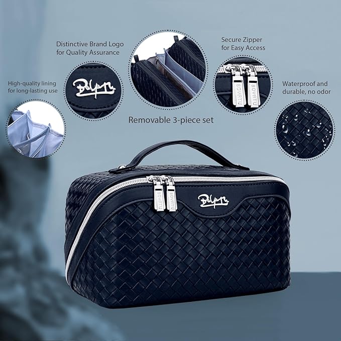BOYATU Travel Makeup Bags for Women: Large Make up Bag Set of 3 - PU Leather Toiletry Bags - Portable Cosmetic Bag with Divider & Handle (L15 Dark Blue)