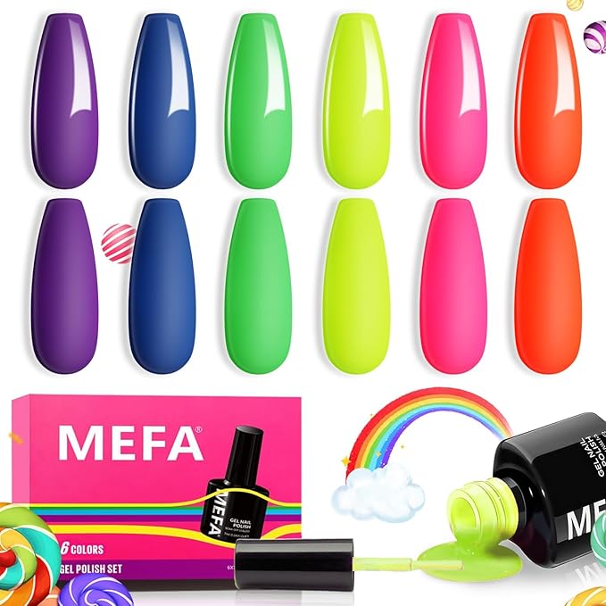 MEFA Neon Gel Nail Polish Set 6 Colors, Summer Neon Green Lime Yellow Pink Navy Blue Purple Orange Bright Vibrant Pride Month Soak Off Nail Art Design Manicure DIY at Home Salon Gifts for Women Girls