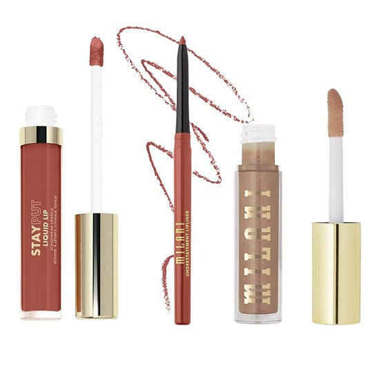 Milani Stay Put Longwear Liquid Lipstick Vibe + Understatement Lipliner Pencil - Highly Pigmented Retractable Soft Lip Liner Pencil + Keep It Full Nourishing Lip Plumper - Nude Shimmer