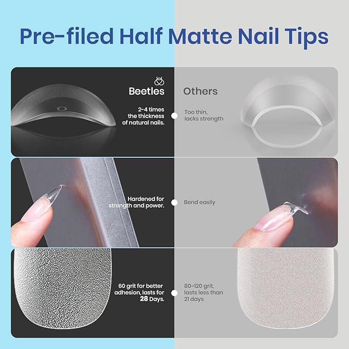 Beetles Gel Nail Kit Easy Nail Extension Set Etch X Nail Tips 500Pcs Half Matte Pre-filed Medium Almond Nail Tips with 5 in 1 Mutipurpose Glue Gel Base Uv Led Nail Lamp DIY Manicure Art
