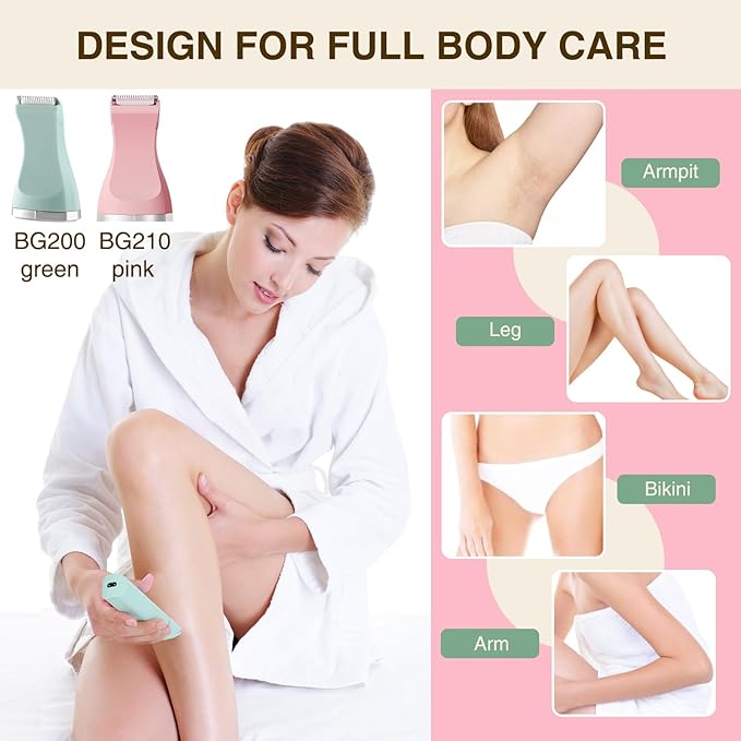 Bikini Trimmer for Women - 2 in 1 Electric Lady Pubic Hair Private Area Legs Arms Removal Personal Elecrtric Razor Shaver Rechargeable with Snap-in Ceramic Blades, Wet and Dry Use,Pink