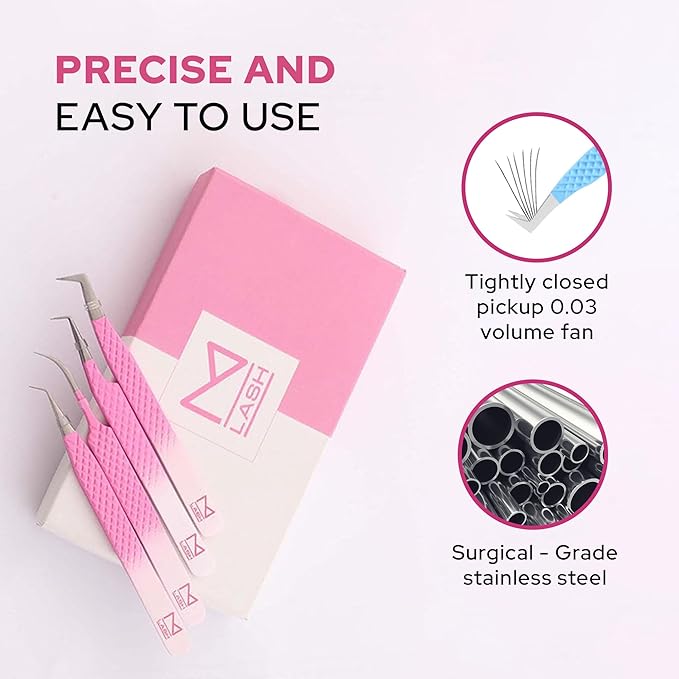 M LASH Tweezers for Eyelash Extensions (Set of 4) - Professional Lash Extension Tweezers - Fiber Tip, Japanese Steel, Diamond Grip Eyelash Extension Tweezer (Teal)