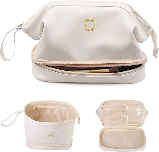 Bridesmaid Gifts, Initial Makeup Bags, Friend Gifts, Personalized Double Layer Cosmetic Bag with Makeup Brush Organizer, Travel Toiletry Bag, Birthday Gifts for Girl Graduation Gifts for Her