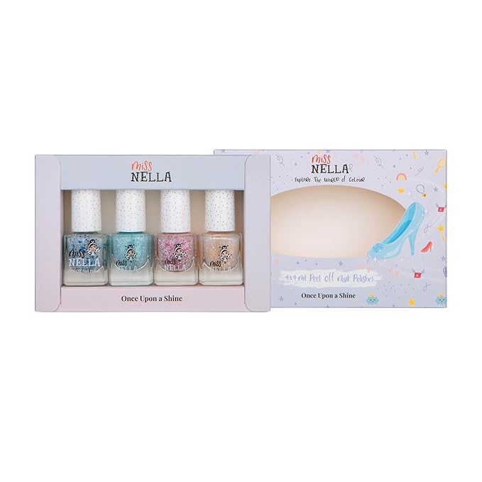 MISS NELLA SAFARI COLLECTION Glitter Nail Polish for kids, set of 4 glitter varnishes: pink, red, purple & blue, Peel- Off varnish for toddlers (Fairy Tale)
