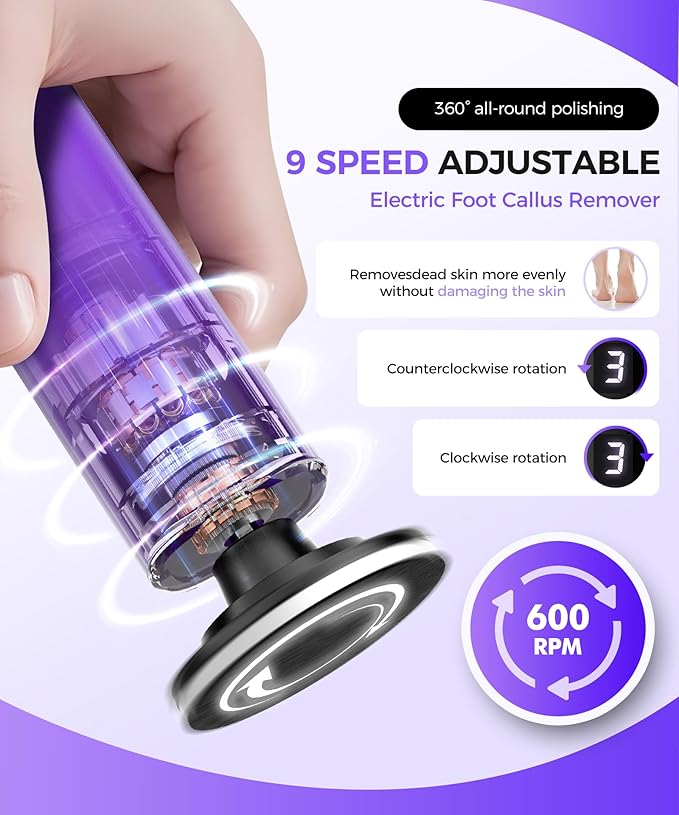 Electric Callus Remover for Feet, Portable 1800mAh Rechargeable, 1-9 Adjustable Speed Settings, Electric Foot File for Stable Pedicure, Nail Care, Home and Travel Use