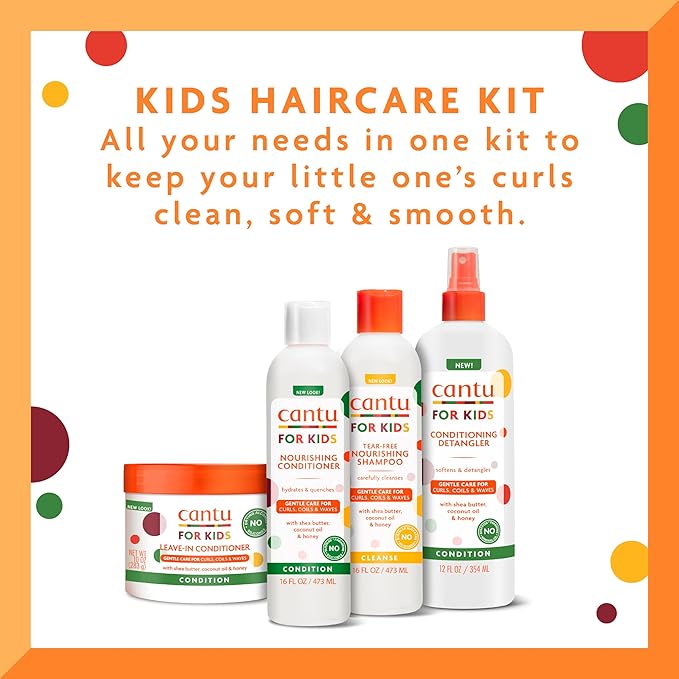 Cantu Care for Kids Haircare Regimen Set with Large Size Shampoo + Conditioner + Detangler + Leave-In Conditioner (Pack of 4)
