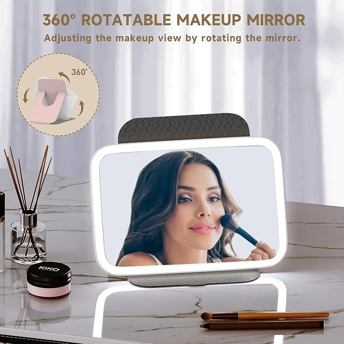 Mocado Travel Makeup Mirro with Lights, 360° Rotation Lighted Makeup Mirror, Portable Mirror with 10x Magnification, 60LEDs 3 Color Lightings, Dimmable Touch Screen, Tabletop Light up Mirror(Pink)