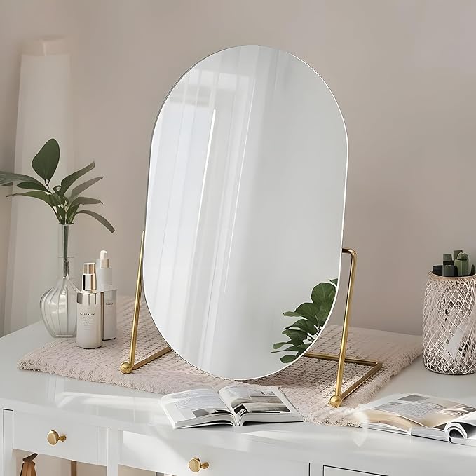 Desk Vanity Mirror with Stand Tabletop Makeup Table Mirrors Portable Table Make Up for Bedroom Golden Metal Framed Folding Bathroom Shaving Cosmetic Mirror