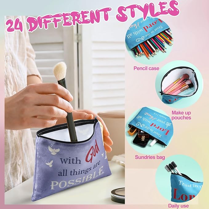24 Pcs Christian Makeup Bag Bible Cosmetic Bags Inspirational Bible Verse Toiletry Pouches Canvas Motivational Pouches with Zipper for Women Organize Cosmetics Toiletries Stationery(Retro)
