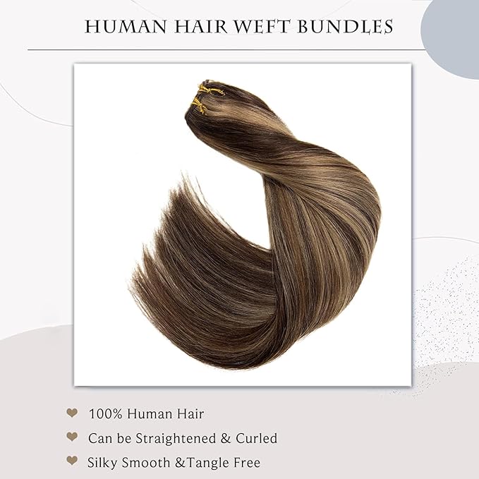 Ubetta Human Hair Weft Dark Brown Balayage Ash Brown Highlights Sew in Hair Extensions Real Human Hair 22 Inch 120G Weft Hair Extensions Remy Real Human Hair Bundles Weave Extensions for Women