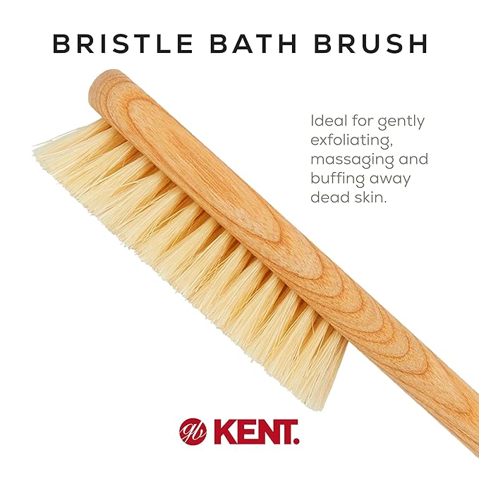 Kent FD5 Beechwood Wood Long Handle Shower Bath Body Brush. for Skin Exfoliate and Massage. 100% Boar Bristles. Best Back Body, Foot and Leg Scrubber Brushing for Wet and Dry Body. Made in England