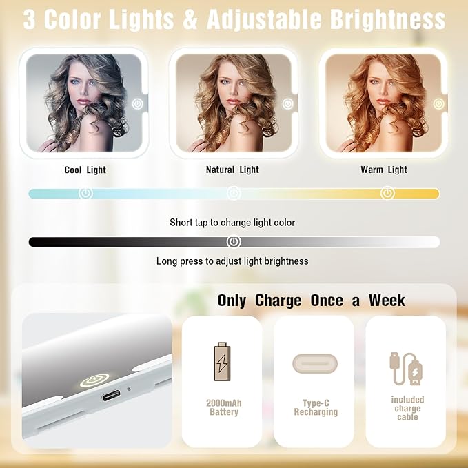 Travel Makeup Bag with Removable Mirror and Light, LED Lighted Make up Train Case, Cosmetic Organizer with PU Leather, 3 Colors Dimming Light, Adjustable Dividers & Brush Storage Board, Gift for Women