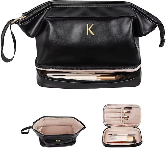 Girlfriend Gifts, Initial Large Makeup Bag, Personalized Double Layer Cosmetic Bag with Makeup Brush Organizer, Birthday Gift Bag for Women/Girl PU Leather Toiletry Bag Bridesmaids Gift