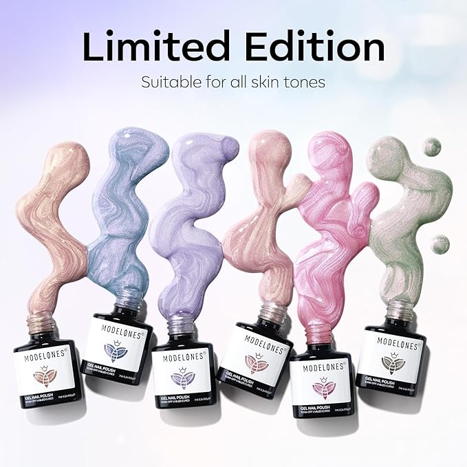 Modelones Pearl Gel Nail Polish, 6 Colors Shimmer Cat Eye Magnetic Nail Drawing Set with Magnet, Iridescent Mermaid Swirl Shell Thread Purple Pink Blue Glitter, Summer DIY Manicure Gift for Women Girl