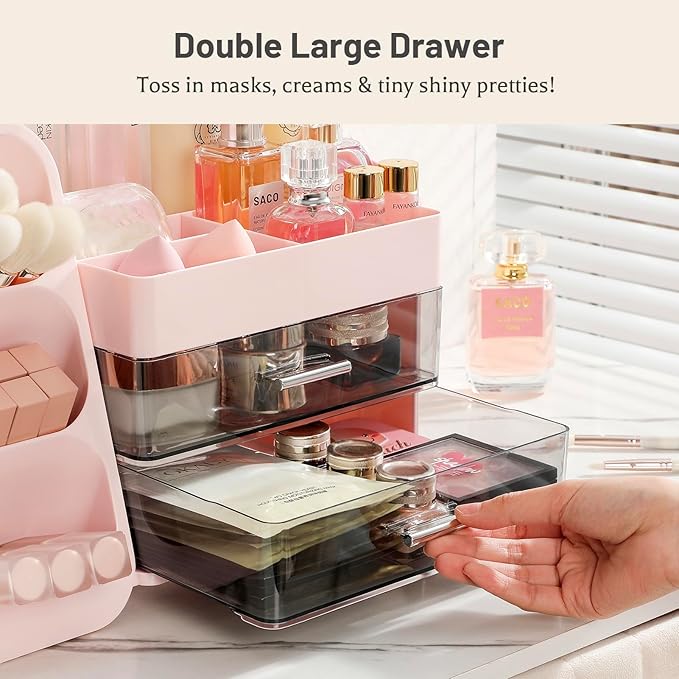 Aveniee Makeup Organizer with Drawers, Vanity Organizer for Bathroom Countertop, Large Cosmetics Skincare Display Case Desk Storage for Perfume Jewelry Lipsticks (Pink)