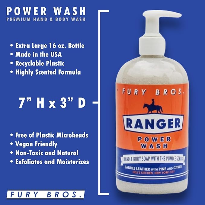 Premium Power Wash | Ranger | Saddle Leather Pine Citrus | Hand & Body Wash | Exfoliating Pumice | Moisturizing Aloe Vera | Highly Scented | Made in USA | 16 oz | Dad Men Bath