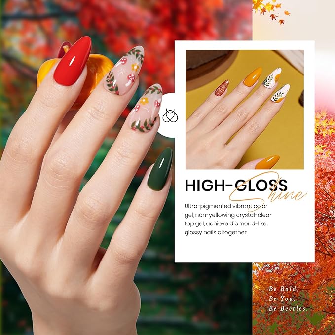 Beetles Gel Polish Nail Set 20 Pcs Fall Winter Colors Orange Red Navy Blue Glitter Fall Yard Collection Soak Off LED UV with Gel Base and Top Coat Nail Art Manicure Gift for Girls Women