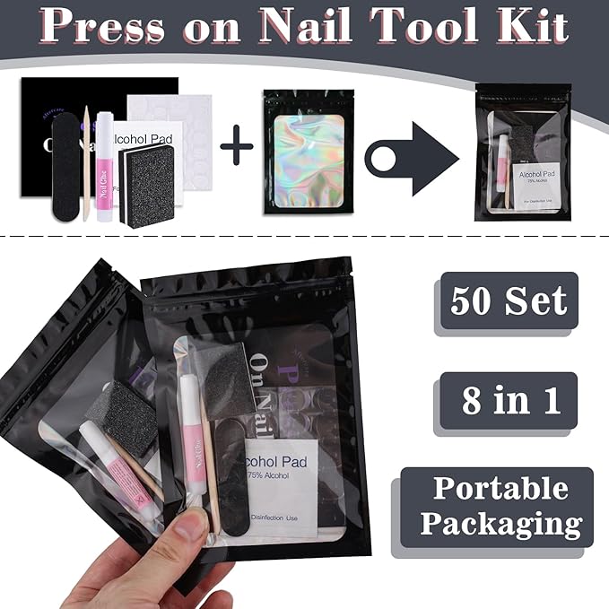 50 Set Disposable Nail Supplies Kits,Professional Manicure Press On Nail Tool Kit With Nail File ,Nail Buffer,Adhesive Tabs,Nail Glue,Sticks, Prep Pads,Bags,Instruction Cards for Nail Business(Black)