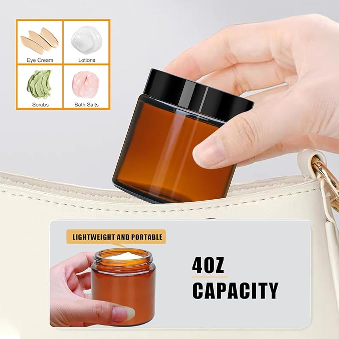 4oz Glass Amber Cosmetic Jars with Black Lids,12 Pack Empty Small Glass Jars with Inner Liners, Round Sample Container for Cream,Lotion,Ointments