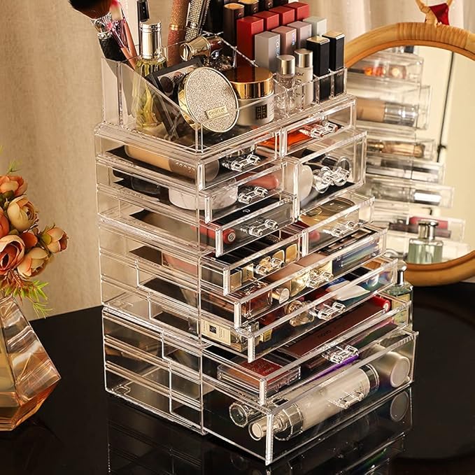 Cq acrylic 4 Pack Clear Skincare Organizer for Vanity,Stackable 11 Drawers Make Up Organizer,Cute Cosmetic Organizer for Vanity Jewelry,Hair Clip,Beauty,Skincare Product Dresser Acrylic Desk Organizer
