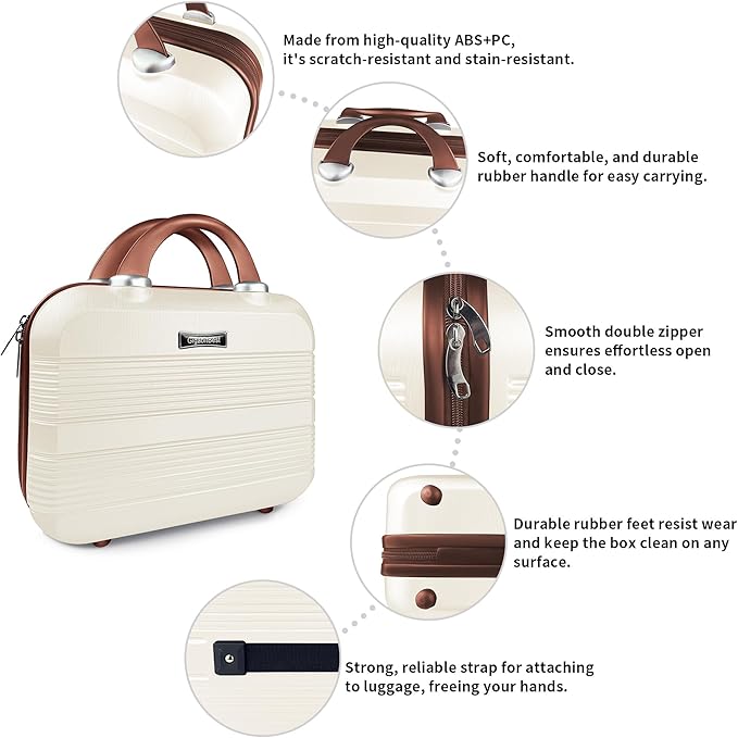 14" Portable Hard Shell Makeup Travel Case - Stylish PC+ABS Cosmetic Organizer for Women - Scratch-Resistant, Elastic Strap, Mini Suitcase - Perfect for Romantic Gifts（Light Brown）