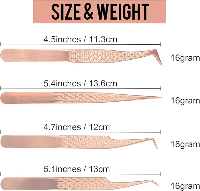 Fiber Tip Lash Tweezers For Eyelash Extension 4 Pcs Tweezers Professional Artist Tech Work Kit Tools,Best Volume Eyelash Lashes Extensions Precision Supplies Volume Boot 90 45 Degree(Rose Gold)