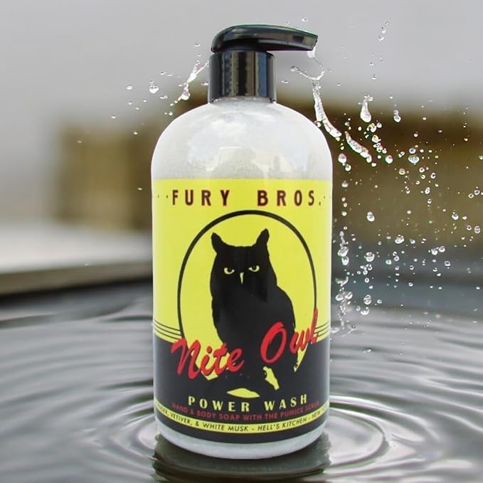 Premium Power Wash | Nite Owl | Lavender Vetiver White Musk | Hand & Body Wash | Exfoliating Pumice | Moisturizing Aloe Vera | Highly Scented | Made in USA | 16 oz | Dad Men Bath