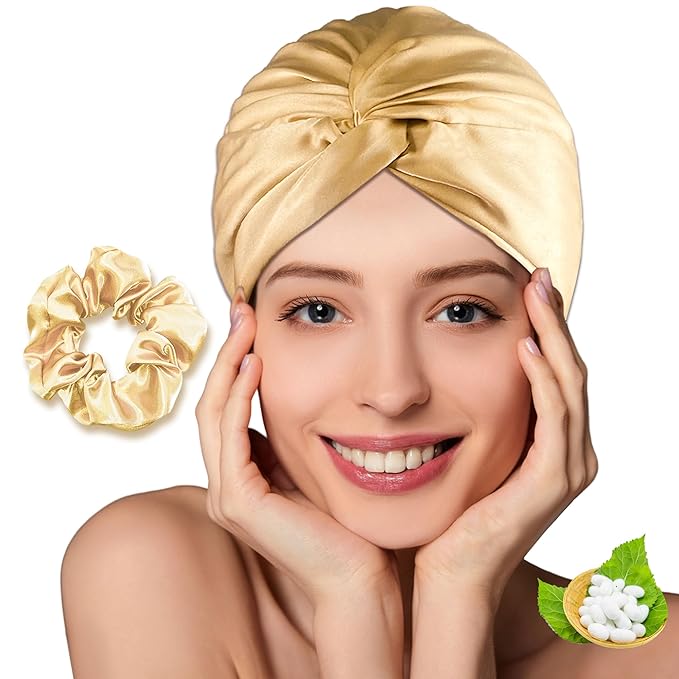 Simnice 100% Mulberry Silk Bonnet for Women Hair Care, Double-Layer Hair Bonnet for Sleeping, Natural Silk Hair Wrap with Elastic Stay On Head,Champagne Gold