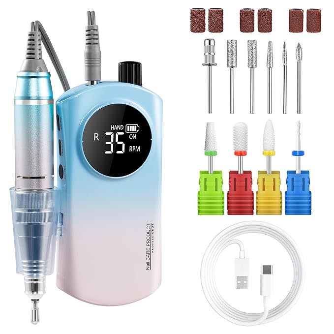 35000RPM Electric Nail Drill, with 4 Ultra Hard Wear-Resistant Ceramic Drill Bits & 6 Metal Nail Drill Machine Bits, Acrylic Gel Nails, DIY Manicure Pedicure Tools for Home and Salon Use (Blue Pink)