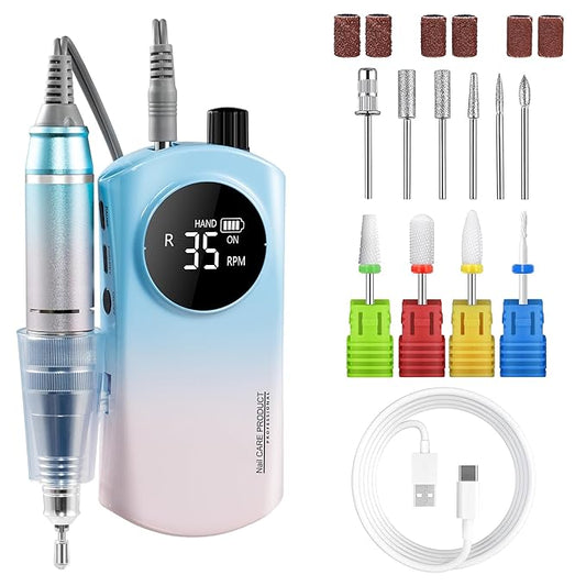 35000RPM Electric Nail Drill, with 4 Ultra Hard Wear-Resistant Ceramic Drill Bits & 6 Metal Nail Drill Machine Bits, Acrylic Gel Nails, DIY Manicure Pedicure Tools for Home and Salon Use (Blue Pink)