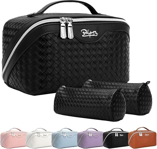 BOYATU Travel Makeup Bags for Women: 3 Pcs Large Make up Bags Set - Vegan Leather Cosmetic Bag for Traveling - Waterproof Toiletry Organizer (L02 Black)