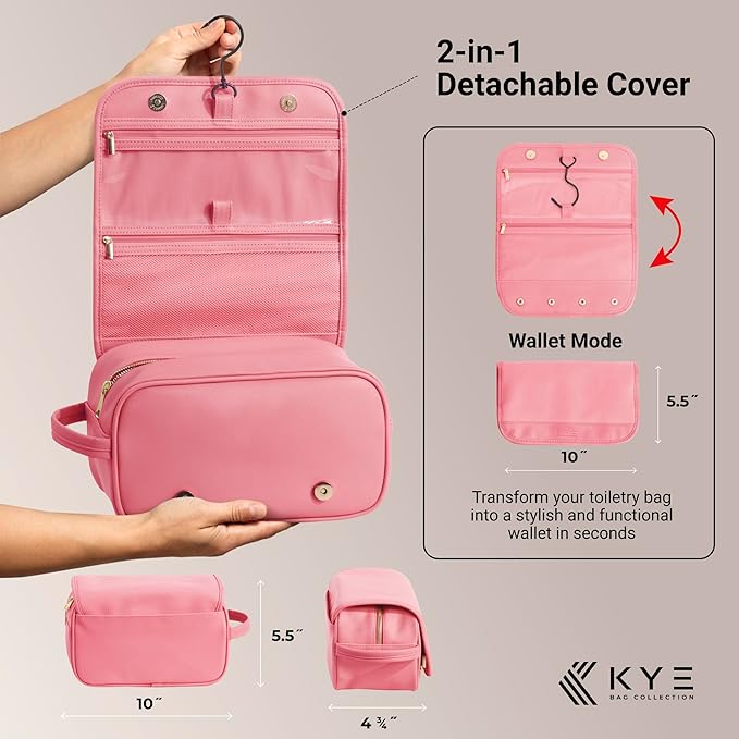 Leather Travel Toiletry Bag for Men with Removable Cover and Hanging Hook - Dopp Kit for men - Makeup Bag Organizer for Women for all your Travel Essentials (PINK)