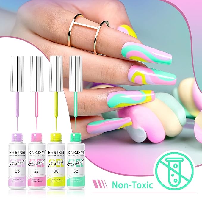RARJSM Nail Art Gel Liner 24 Color Line Art Painted Gel Nail Polish Set Pink Blue Green Silver Gold Glitter for Nails Painting Drawing Soak Off UV LED Curing Requires Bulid in Thin Nail Art Brush