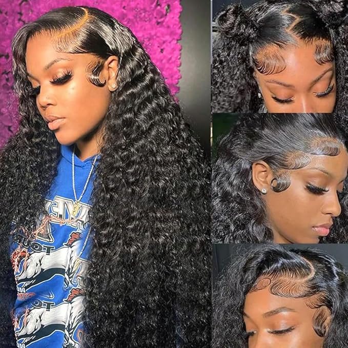 Aomllute 30 Inch Deep Wave Lace Front Wigs Human Hair 200 Density 13x4 HD Lace Frontal Wigs Human Hair Pre Plucked Deep Curly Glueless Wigs Human Hair for Women Natural Black