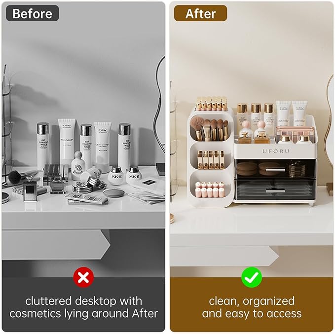 Makeup Organizer for Vanity, Countertop Organizer With Drawers, Spacious Cosmetic Display Case for Beauty Essential, Skincare, Lipstick, White