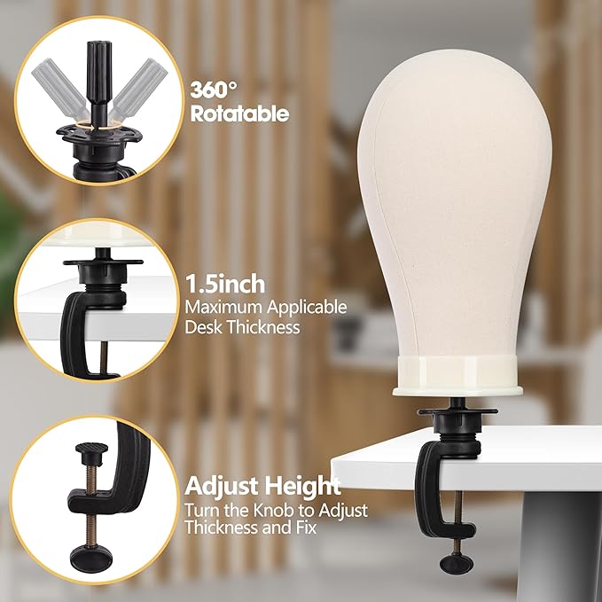 Klvied Wig Mannequin Stand for Desktop, Dual-use 22 Inch Canvas Wig Head Display, Adjustable Clamp Wig Holder, Manikin Head Stand Set for Cosmetology Hairdressing Training with Carrying Case