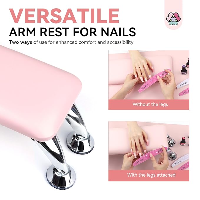 Saviland Arm Rest for Nails Tech Professional: 15.7" Full-Length Nail Arm Rest Pink Faux Leather for Acrylic Nails Soft Sponge Cushion Hand Holder & Non-Slip Nail Mat for Nail Technician Use Must Have