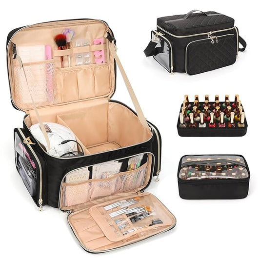 Nail Polish Organizer, Nail Polish Storage Holds 50-70 Bottles & Nail Lamp, Portable Travel Nail Kit Storage Carrying Case Fits Nail Suppiles, Gift for Manicurist, Grils (Black)