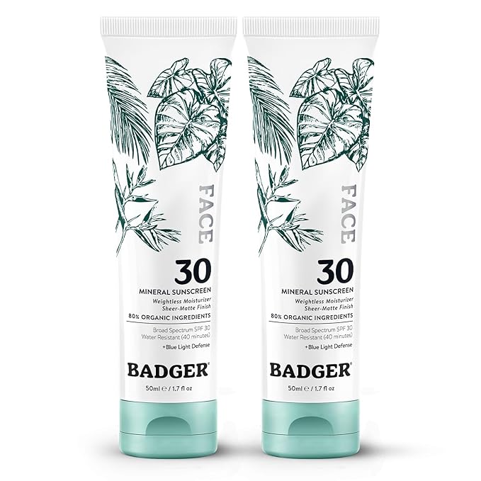 Badger Zinc Oxide Face Sunscreen SPF 30, Lightweight Mineral Sunscreen for Face, Matte Finish, No White Cast, Vegan, Water Resistant, Unscented, Mineral Sunblock Lotion, 1.7 fl oz, 2-Pack