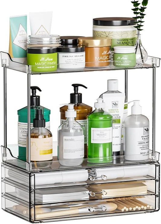 2 Tier 3-Drawer Bathroom Counter Storage Organizer - Stackable Design - 14.4" Tall Large Cosmetic Organizer Suitable as Makeup,Beauty,Face Product,Lotion,Skincare Organizer,Clear