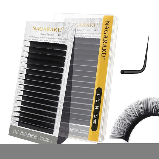 NAGARAKU Eyelash Extensions Individual Lashes Extensions Classic Lash Matte Black 16 Rows Soft Natural Matte Black Professional Beauty Salon Lashes Supplies - 0.15N 15mm