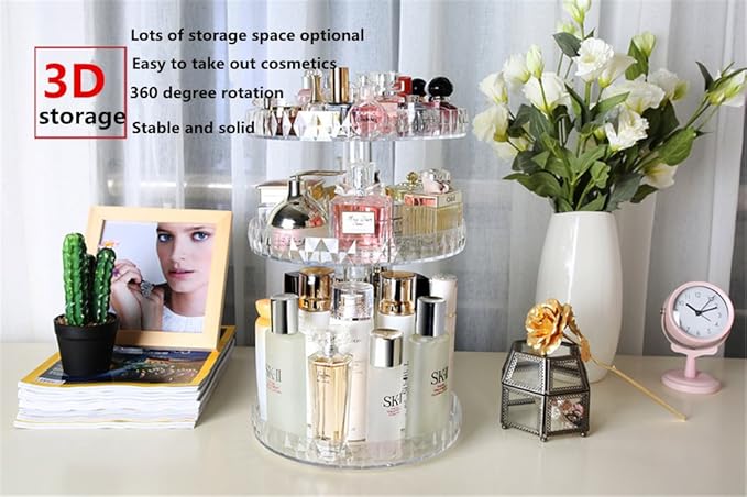 Diamond Pattern Three Layers Perfume Organizer, 360 Rotating Diamond Cosmetic Storage Box Transparent Acrylic Swivel Shelf Desktop Skin Care Product Dresser Finishing, Plus Size