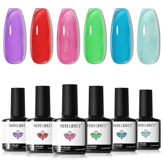 modelones Jelly Gel Nail Polish, 6 Colors Summer Gel Polish Rainbow Neon Red Blue Green Pink Purple Nail Art Design Translucent Soak Off Manicure Salon DIY Girls Women Gift
