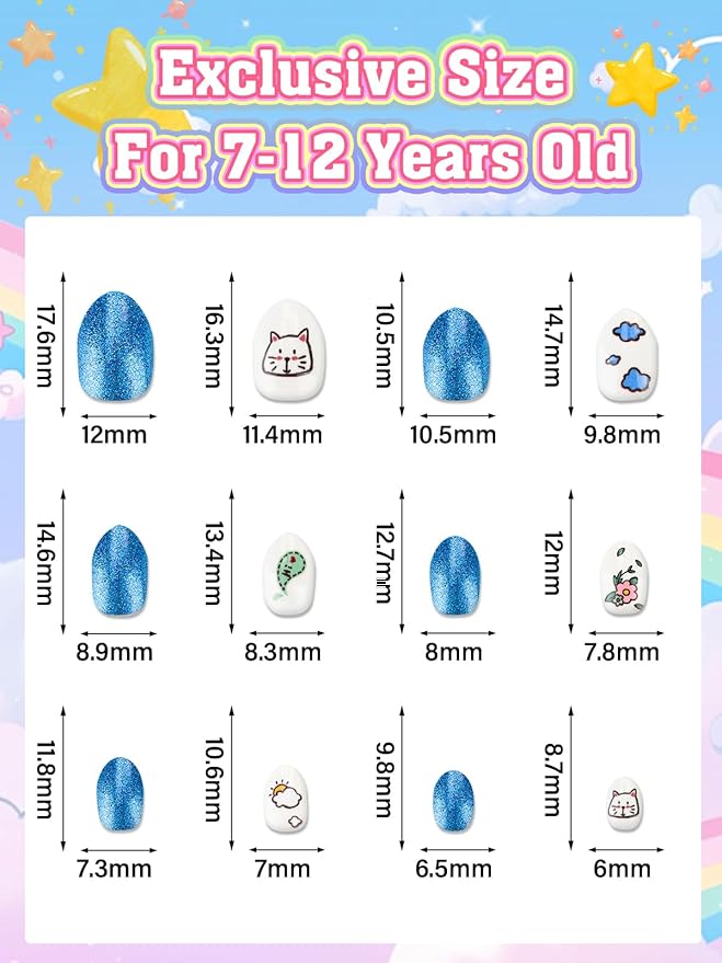 72 Pieces Press on Nails for Kids, EBANKU 3 Pack Kid Fake Nail Kit Blue Bear Cat Flower Press on Nails for girls 8-12 Years with Jelly Nail Adhesives