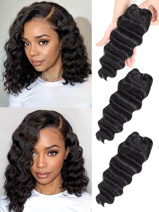Loose Deep Wave Bundles Shot Weave Bob Human Hair 14 14 14 Inch 100% Unprocessed 12A Brazilian Wet and Wavy Raw Loose Curly Human Hair Bundles Flip Over Sew in 3 Bundles for Women