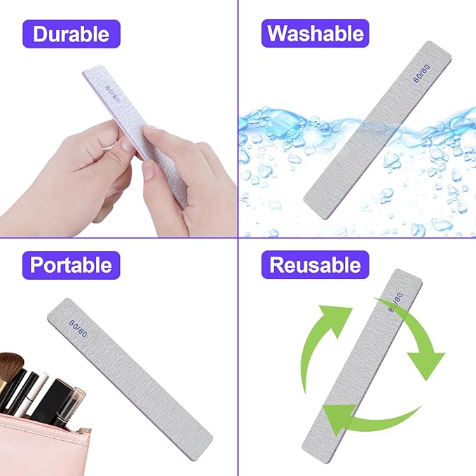 80/80 Grit Nail Files (100 Pack), Heavy Coarse Emery Boards for Acrylic Nails and Gel Nails, 80 Grits Double Sided Nail File Emory Professional Nail Filer Reusable Washable Manicure Square Gray