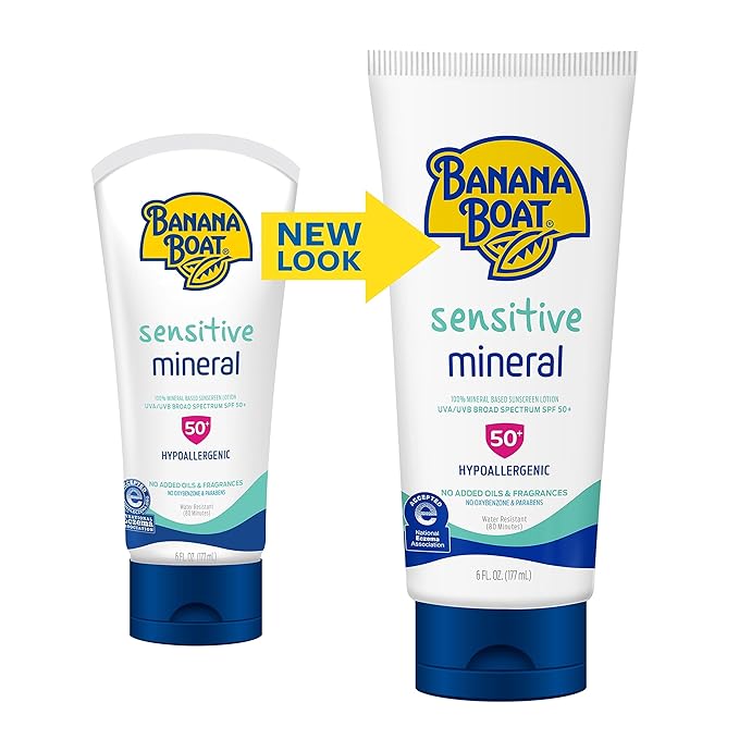 Banana Boat Sensitive 100% Mineral Sunscreen Lotion SPF 50, 6oz | Body Sunscreen, Sensitive Skin Sunblock, Oxybenzone Free Sunscreen, Banana Boat Mineral Sunscreen SPF 50, 6oz