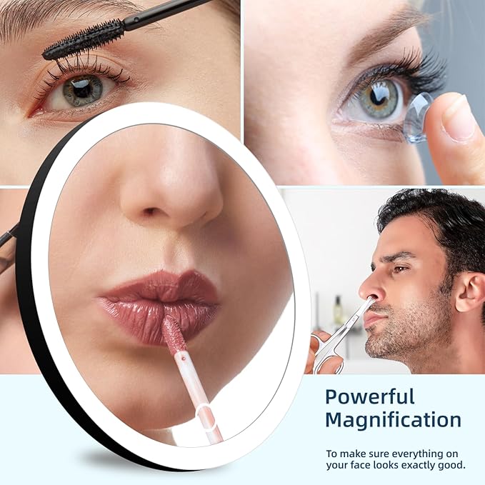 20x Lighted Magnifying Mirror with Suction Cups, Large 6'' Magnified Mirror with Light High Magnification Travel Makeup Mirror, Rechargeable Battery, 3 Colors Dimming Light, with Tweezers &Scissors