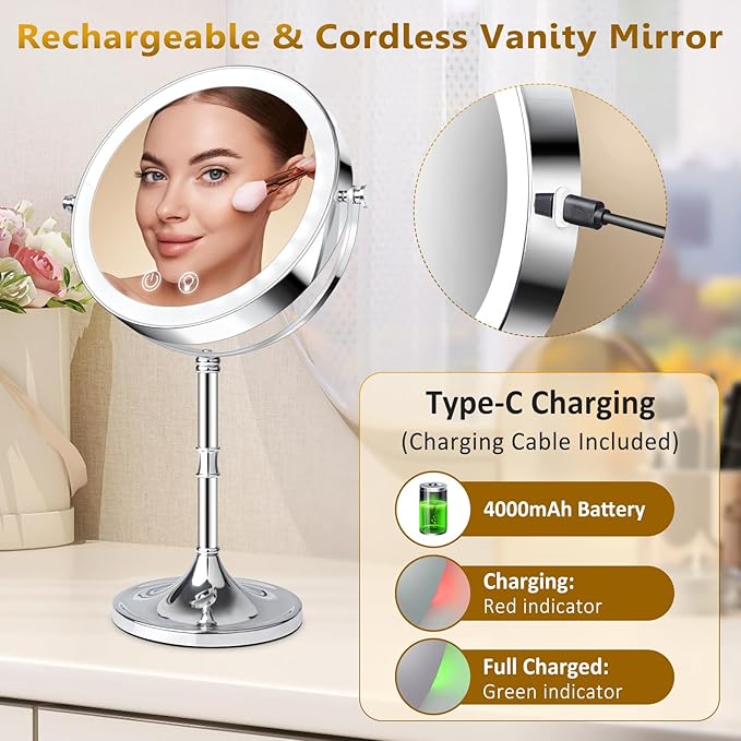 8" Lighted Makeup Mirror,1X/10X 4000mAh Rechargeable Double Sided HD Magnifying Mirror with 3 Colors Stepless Dimming,360°Rotation Touch Screen Vanity Mirror with Memory Function,Women Gift